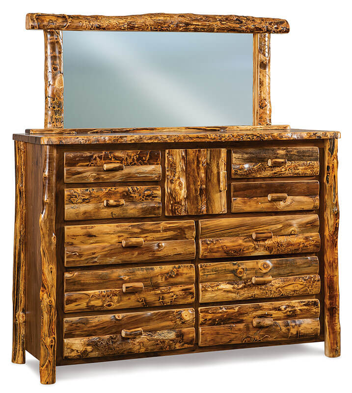 Fireside Log Furniture 10 Drawer 1 Door Dresser with Mirror Aspen Walnut