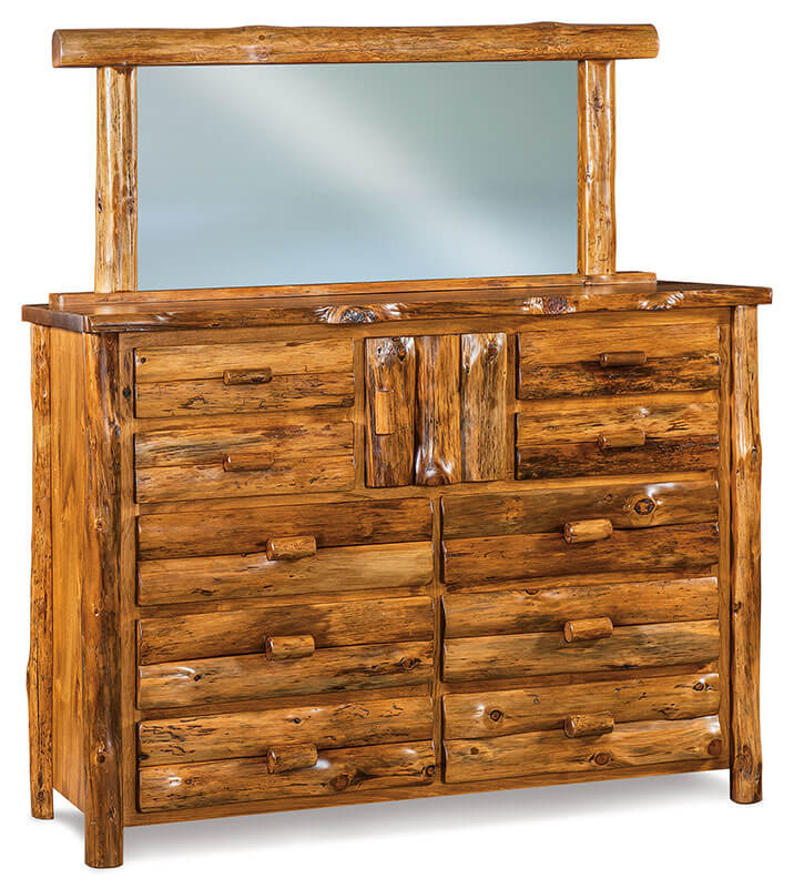 Fireside Log Furniture 10 Drawer 1 Door Dresser with Mirror Rustic Pine Sealey Stain