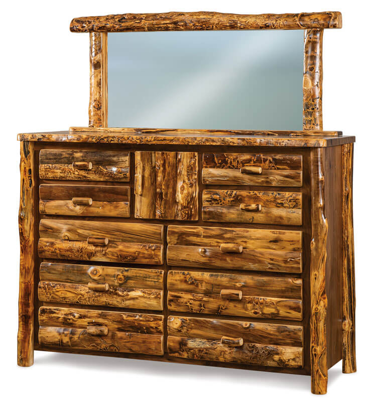 Fireside Log Furniture 10 Drawer 1 Door Dresser with Mirror Aspen Walnut