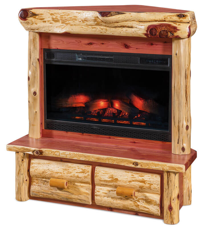 Fireside Log Furniture Corner Fireplace with Mantle and Drawers