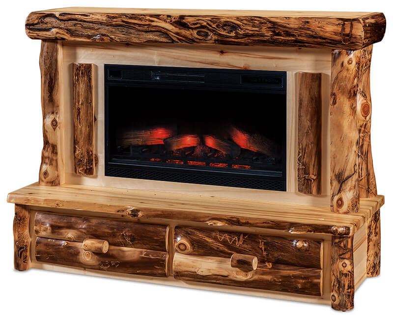 Fireside Log Furniture Fireplace with Mantle and Drawers Aspen Slab Front